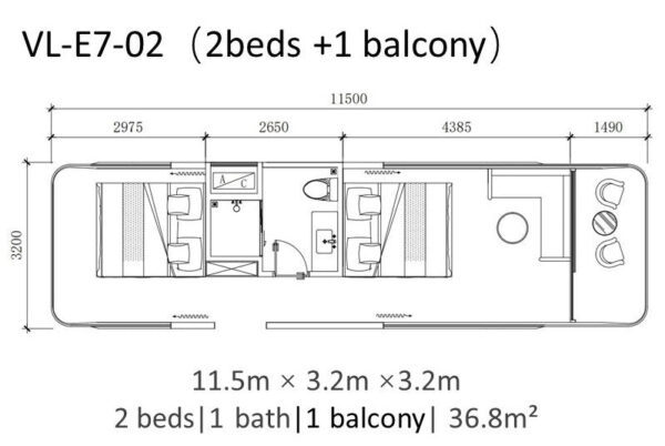 Casa Cápsula E7 con 2 camas, 1 baño y balcón