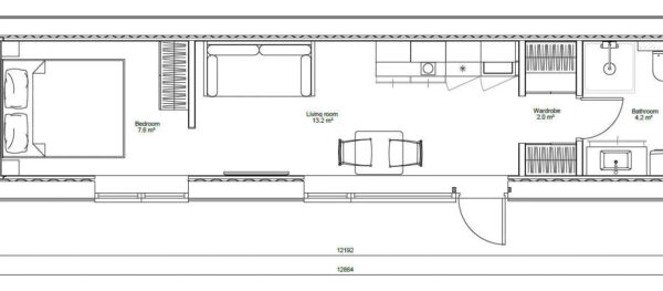 casa modular EVO XS 12,19 m por 2,3 m